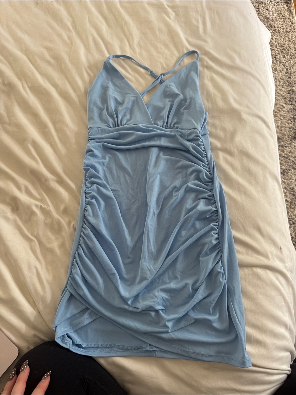 Lucy in the Sky Baby Blue Ruched Mini Dress